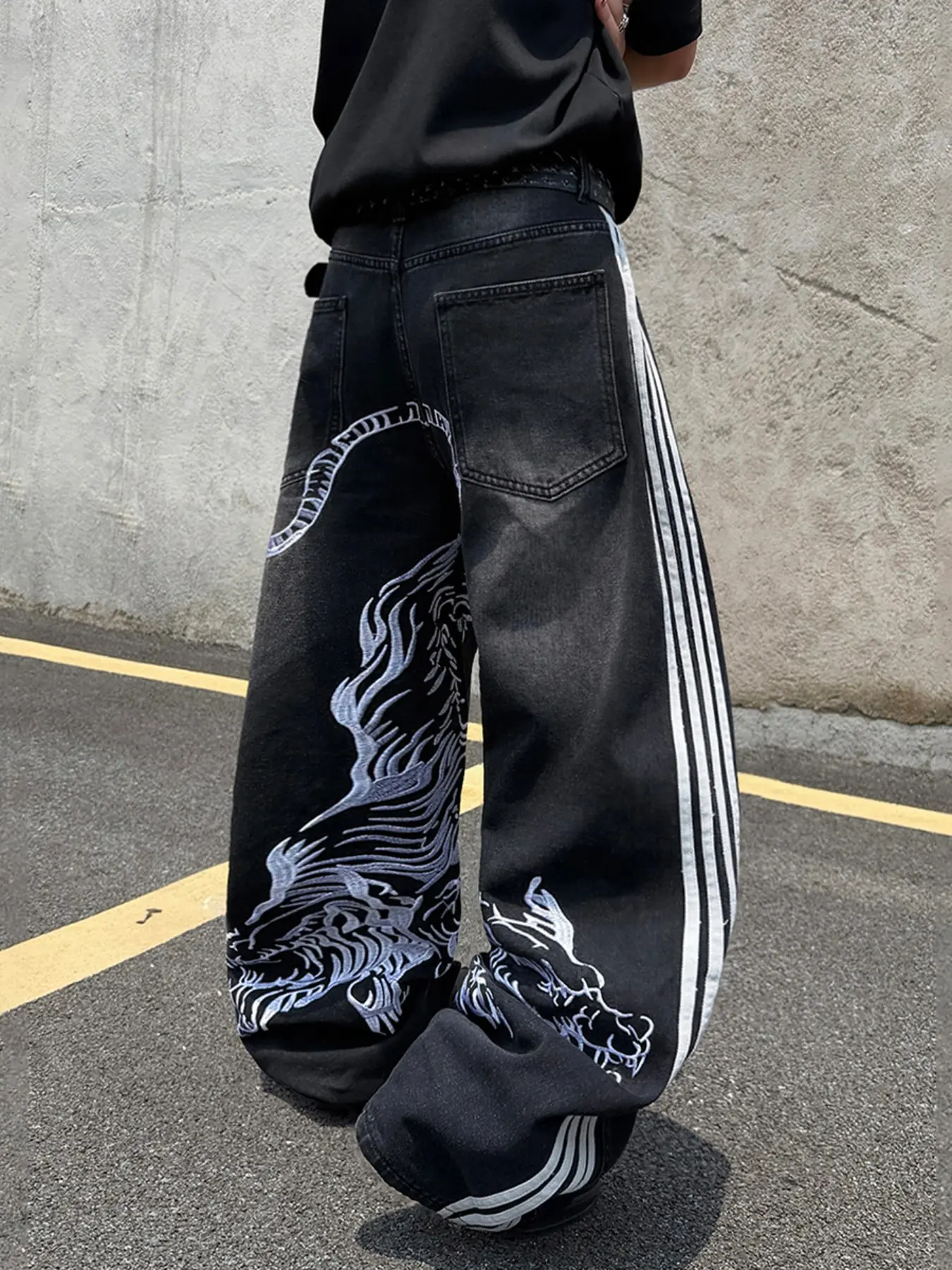 Men's Embroidered Jeans, Side Stripe Patch, Loose Fit, Comfortable Fabric, Y2K Fashion, Casual Daily Wear, Multiple Sizes Available