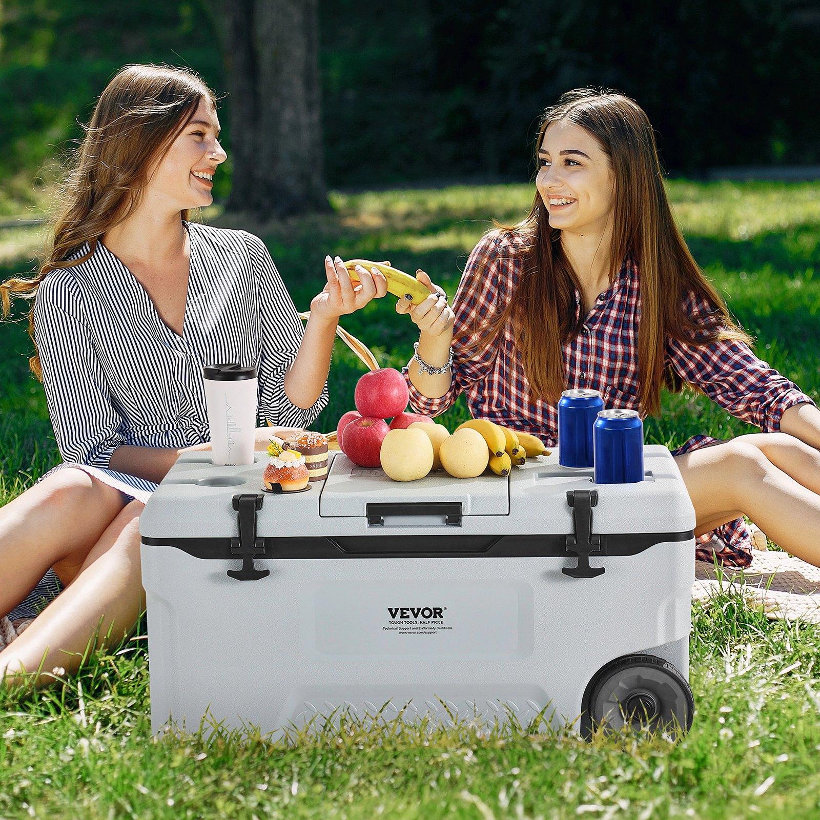 VEVOR Portable Cooler, 74 QT Wheeled Cooler with Ice Retention, Heavy-Duty Handles and Cup Holder, Lightweight Rigid Material Insulated Portable Cooler, Suitable for Family Picnics and Long Trips