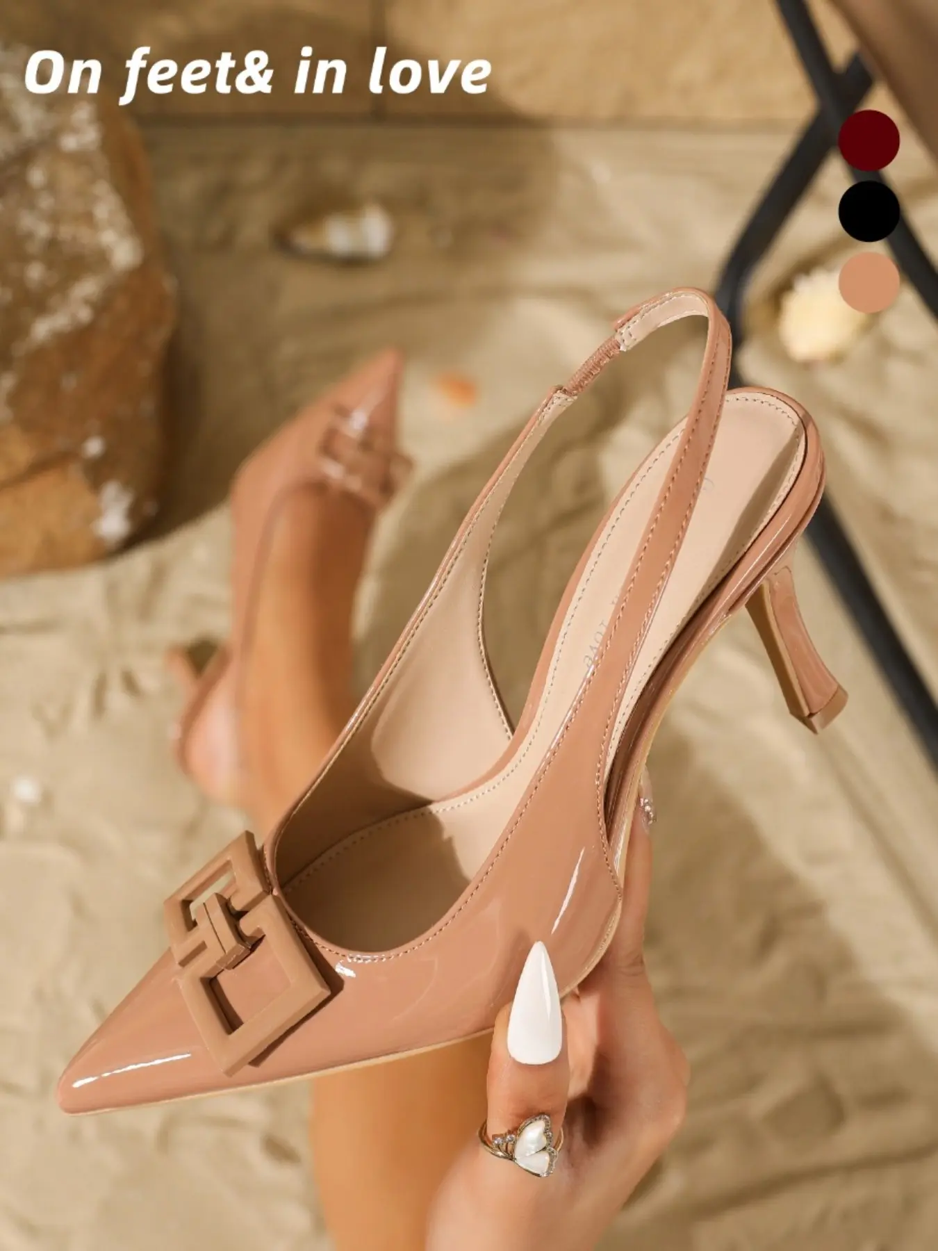 2026 Summer Women's Patent Leather Pointed Toe Slingback Heels, Geometric Square Buckle Stiletto Pumps with Elastic Strap, Classic elegant footwear, 3 Colors Elegant Office Party Date Shoes, Buckle Stiletto Sandals