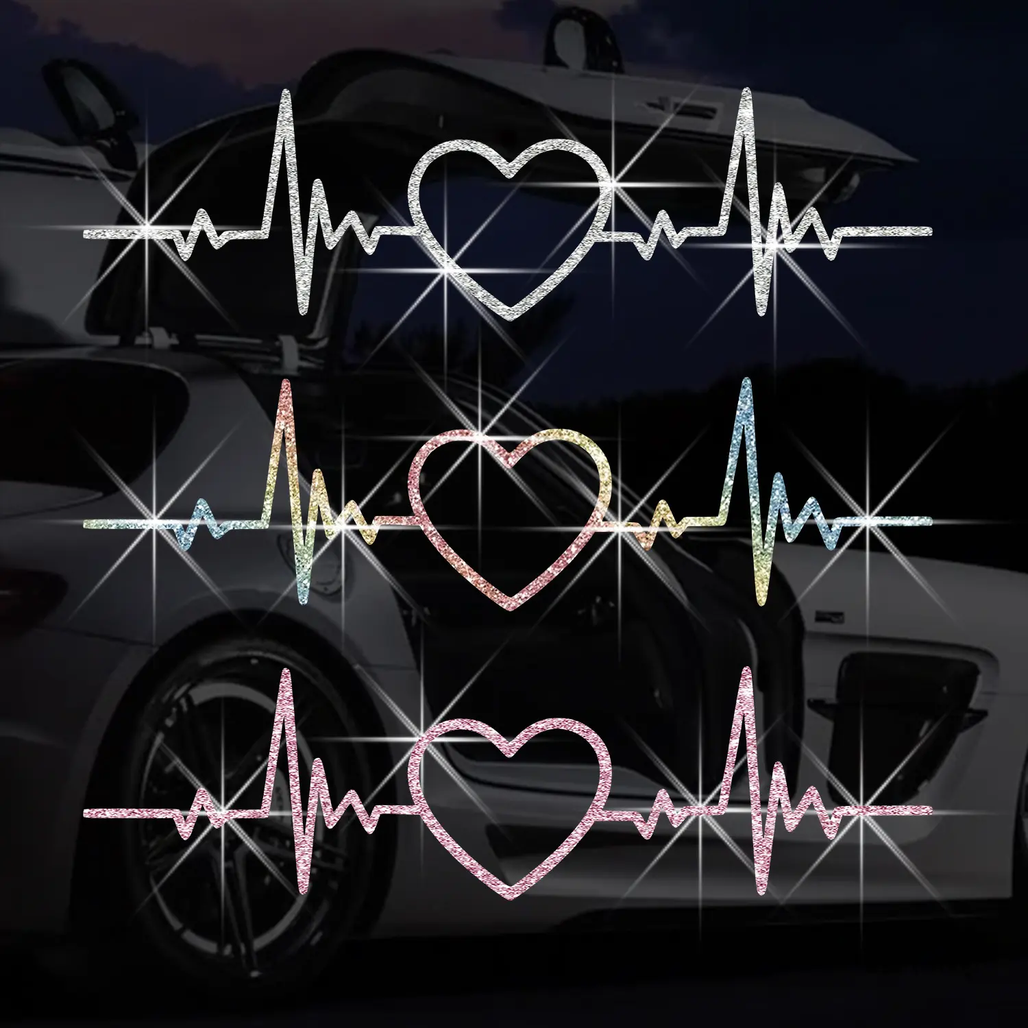 Glitter Heartbeat Car Decals Waterproof Heart Lifeline Vinyl Stickers Rainbow Silver Pink Auto Window Bumper Laptop Decoration Cute Nurse Gift