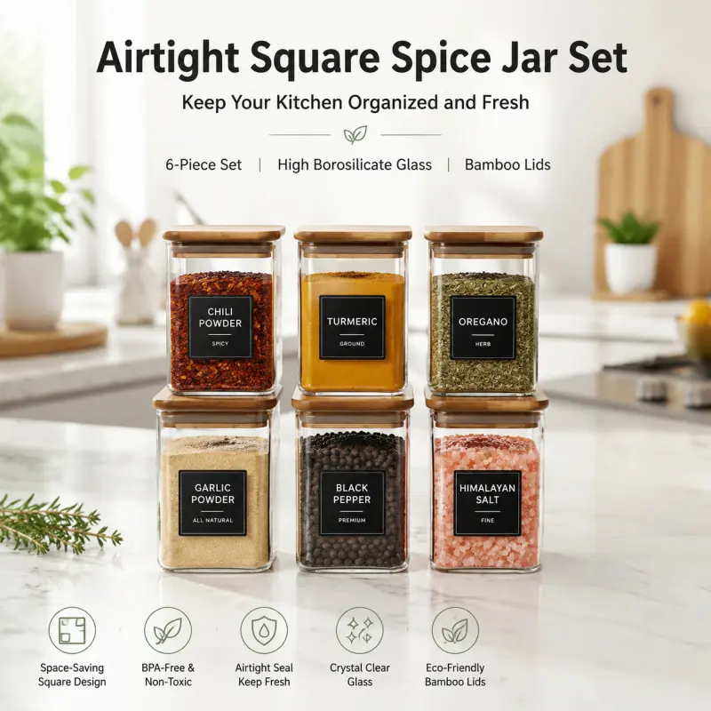 6 Pack Square Airtight Leak Proof Glass Spice Jars With Bamboo Lids, BPA Free Borosilicate Condiment Seasoning Storage Containers With Preprinted Labels For Kitchen Pantry Organizer
