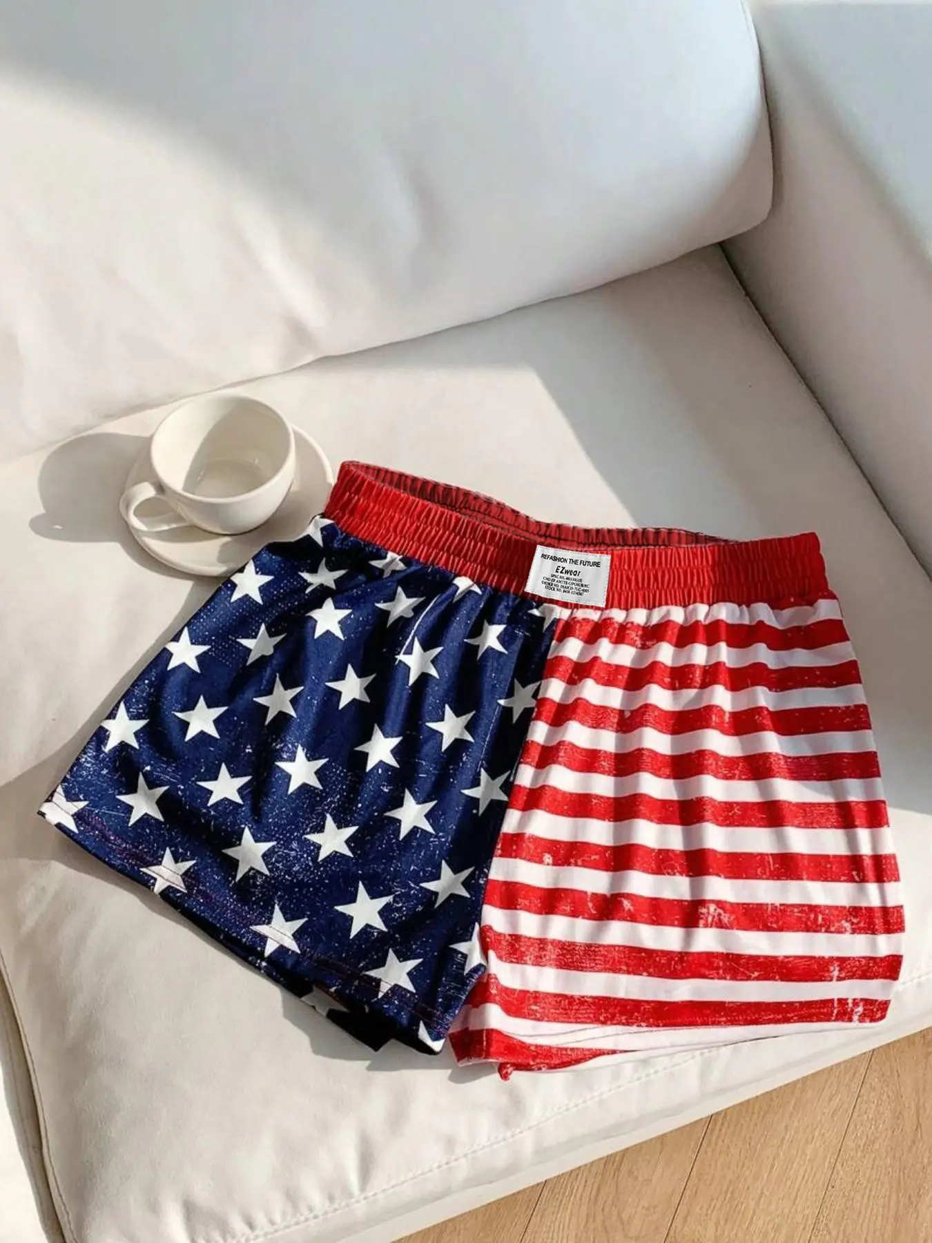 Women's Vintage American Flag Print Casual Bottom Shorts, Independence Day Patriotic Elastic Waist Summer Sleepwear Beach Shorts