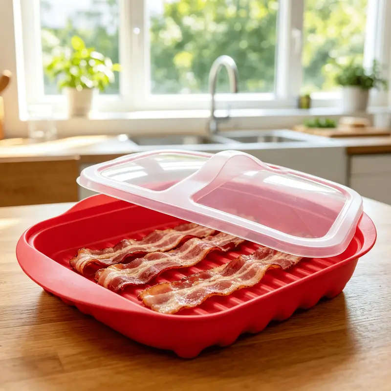 Microwave Bacon Cooker Tray With Lid, Non-Slip Draining Design, Durable PP Material, Dishwasher Safe, Quick Meal Prep Kitchen Essentials, Containers