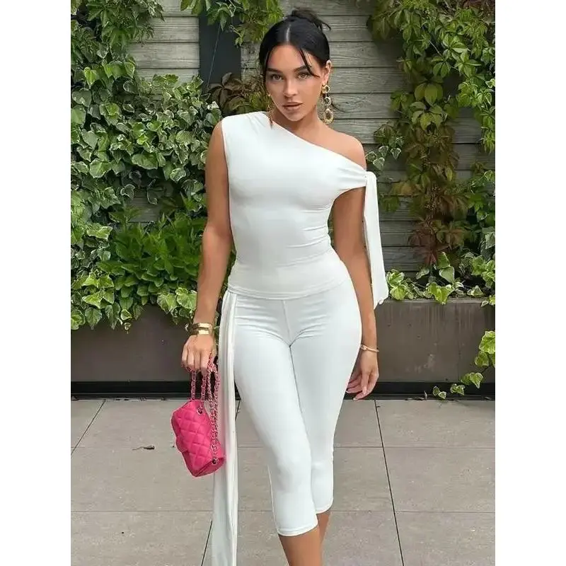Women's Asymmetrical Neck Knot Design Top & High Waist Capri Pants Two-piece Set, Fashion Ruched Top & Skinny Capri Trousers for Daily Wear, Ladies Summer Clothing, Womenswear, Outfit