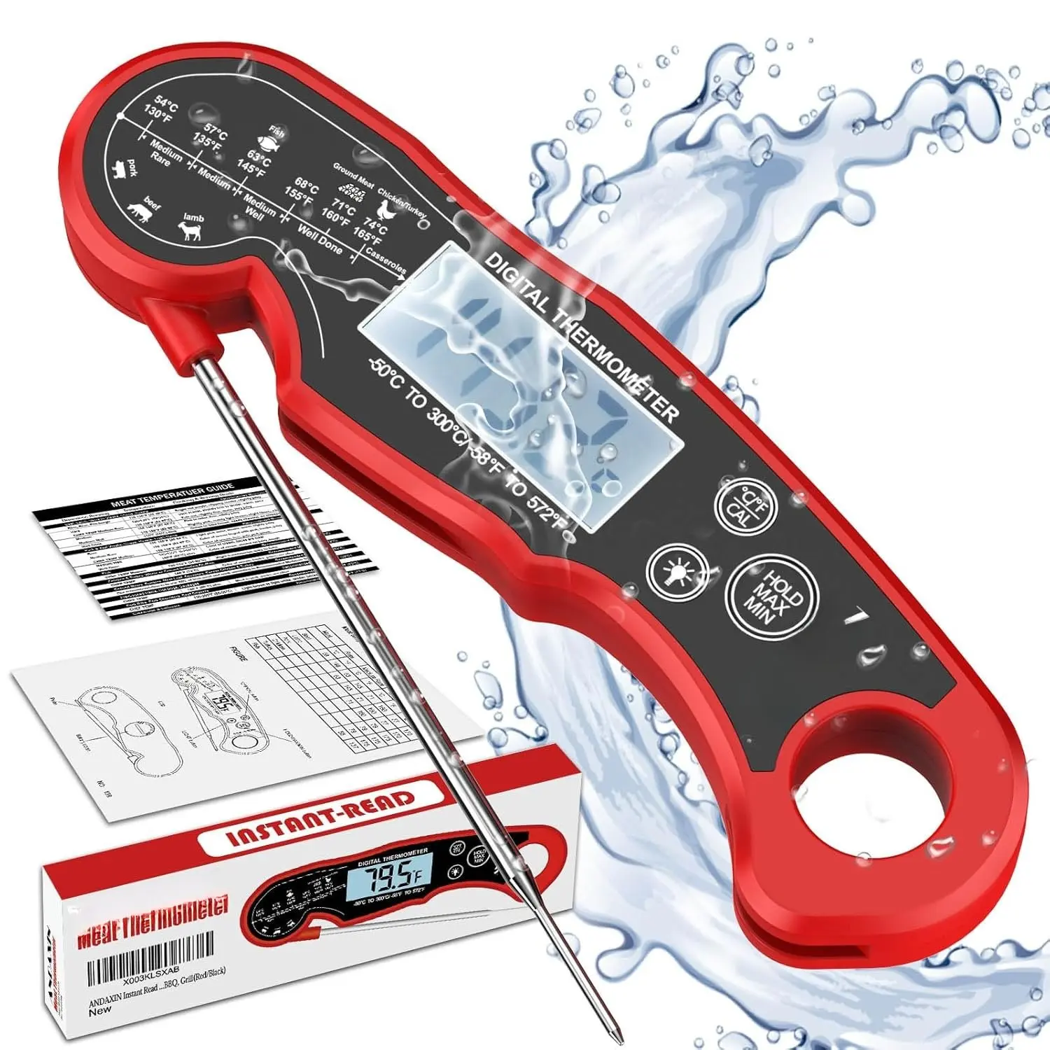 Meat Thermometer Digital for Grilling and Cooking -   Ultra-  Read  thermometers with Backlight & Calibration for Kitchen, Deep Fry, BBQ, Grill(Red/Black), LCD