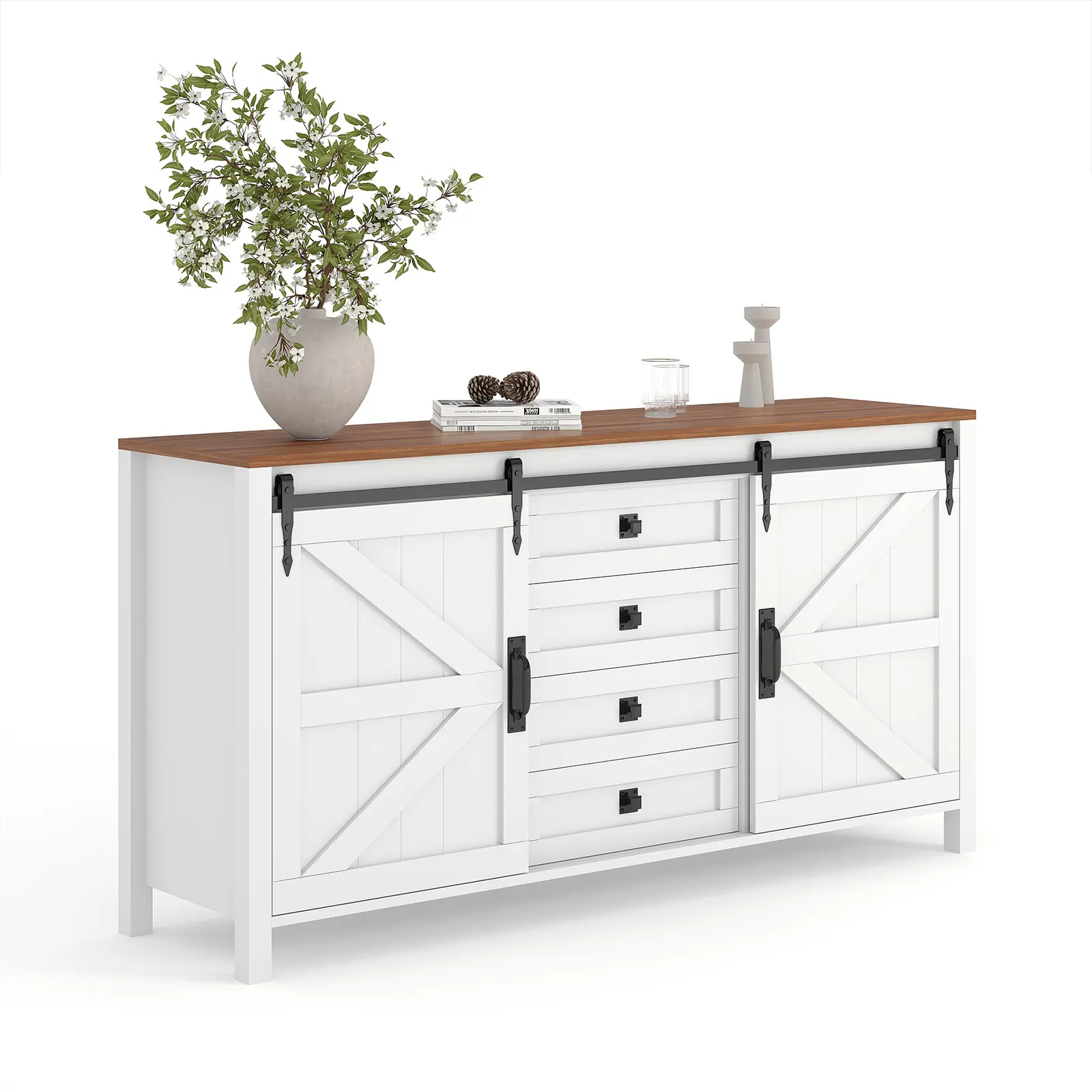 Farmhouse Sideboard Buffet Cabinet – 60" Rustic Wood Storage with Sliding Barn Doors & 4 Drawers – Antique White Kitchen Coffee Bar for Dining Room, Living Room, TV Console