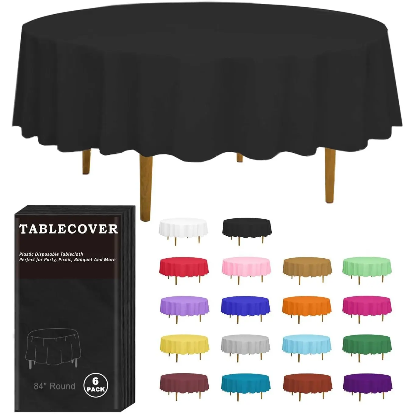 6 Pack Black Disposable Plastic Tablecloth, 84" Round Table Cover | Individually Wrapped Table Cloth for Round Table, Suitable for Indoor&Outdoor, Party, Birthday, Christmas, Wedding & Dinner