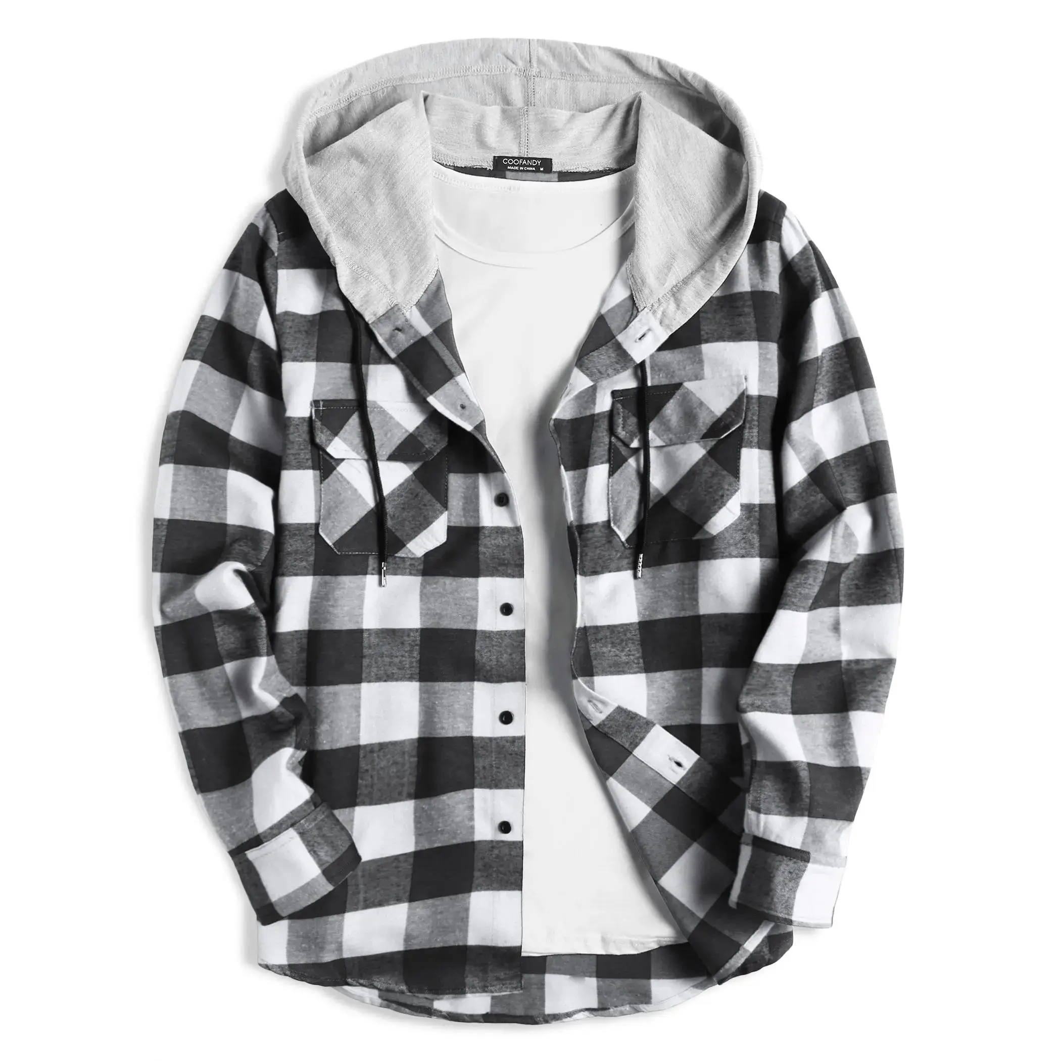 YYT1  Men's Plaid Hoodie Flannel Shirt Jacket Long Sleeve Casual Fashion Button Shirts