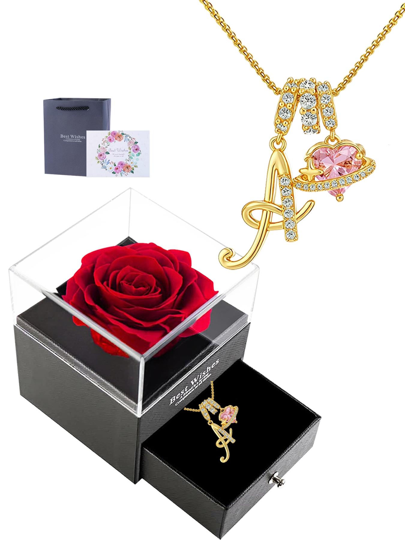 Initial Letter Heart CZ Birthstone Necklace With Rose Jewelry Gift Box, 18K Gold Plated Alphabet Pendant Necklace for Women, Birthday Christmas Jewelry Gift for Women Girl Wife Daughter, Heart Shaped Necklace
