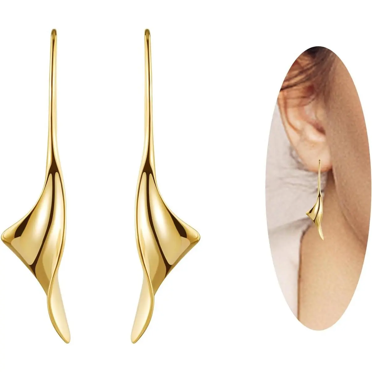 14K Gold Hoop Spiral Threader Dangle Drop Earrings forWomen, Hypoallergenic Comfort Design Fashion Jewelry Gift