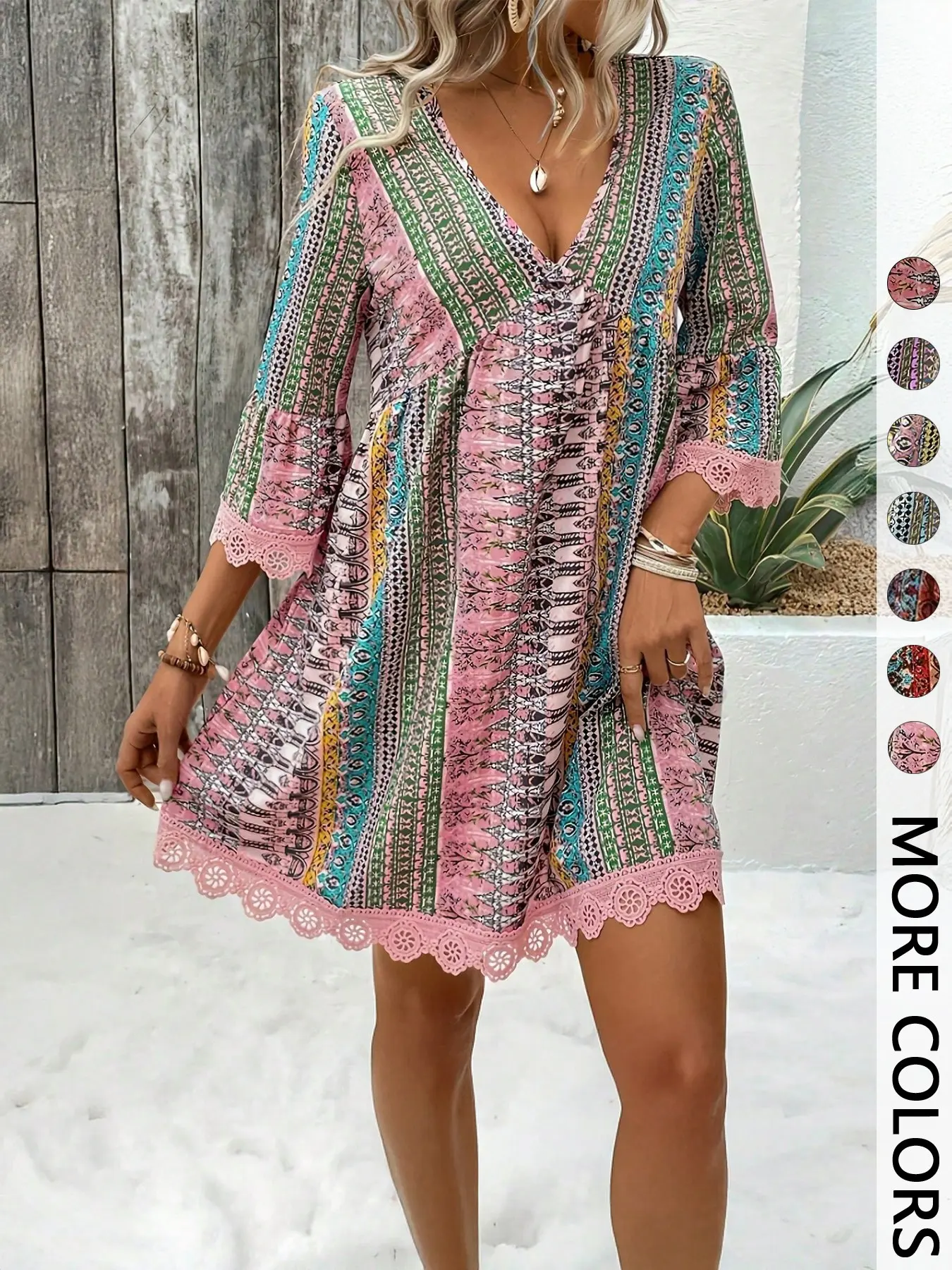 Women's Bohemian Style Boho Chic V-Neck Long Sleeve Lace Trim Feminine Dress for Vacation, Elegant Party Wear, Comfortable & Stylish, Elegance