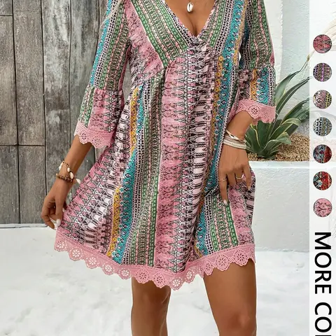 【Black Friday】Women's Bohemian Style V-Neck Long Sleeve Lace Trim Dress, Elegant Feminine Dress for Vacations, Parties and Daily Wear, Comfortable & Stylish Summer Clothes