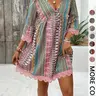 【Black Friday】Women's Bohemian Style V-Neck Long Sleeve Lace Trim Dress, Elegant Feminine Dress for Vacations, Parties and Daily Wear, Comfortable & Stylish Summer Clothes