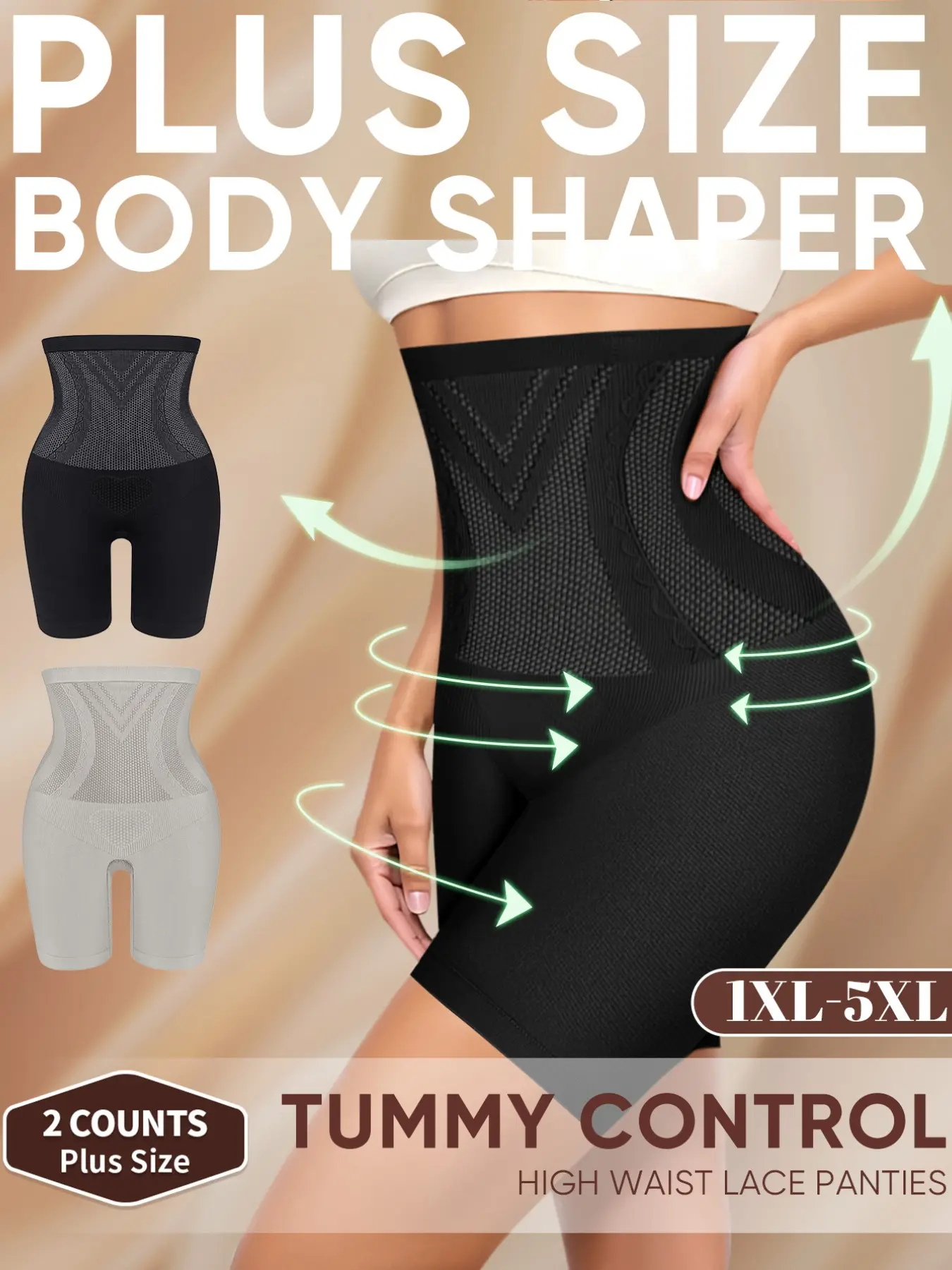 Meiyating 2-Pack Plus Size High-Waist Mesh Basic Shapewear Shorts, Sizes 1xl-5xl, Tummy Control, Butt Lift, Anti-Roll, Elastic Fit, Curvy Women
