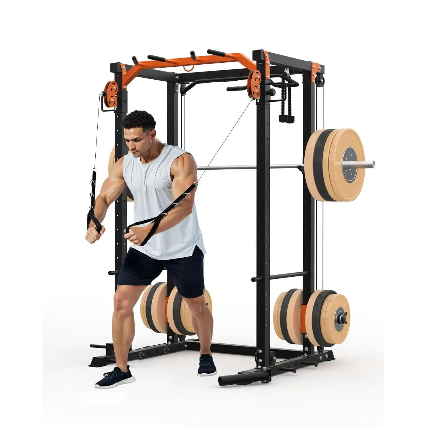 Power Cage, Power Rack with Cable Crossover System, 2000LBS Squat Rack with LAT Pull Down System, Workout Cage with Pulley System for Fitness Home Gym Strength Training (Red&Black)