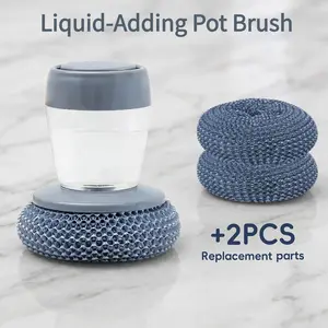 Automatic Liquid Filling Comfort Handle Soap Dispensing Palm Brush with 2 Replacement PET Brush Heads for Kitchen Sink Pot Bowl Cleaning, Tackle Tough Stains, Kitchen Stove Cleaning, Grease Removal, Brush Applicator-YY1