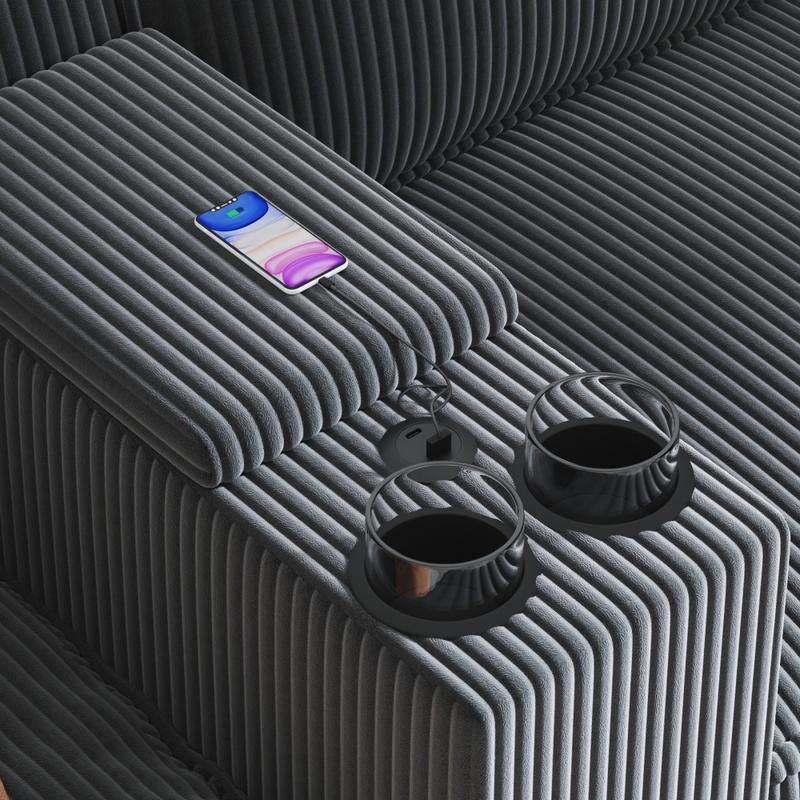 L-shaped 6-seater 133.4'' * 94.4'' Corduroy Sofa, Large Storage Armrests with Center Console, USB Charging, Left and Right Seats Can Be Switched Couch