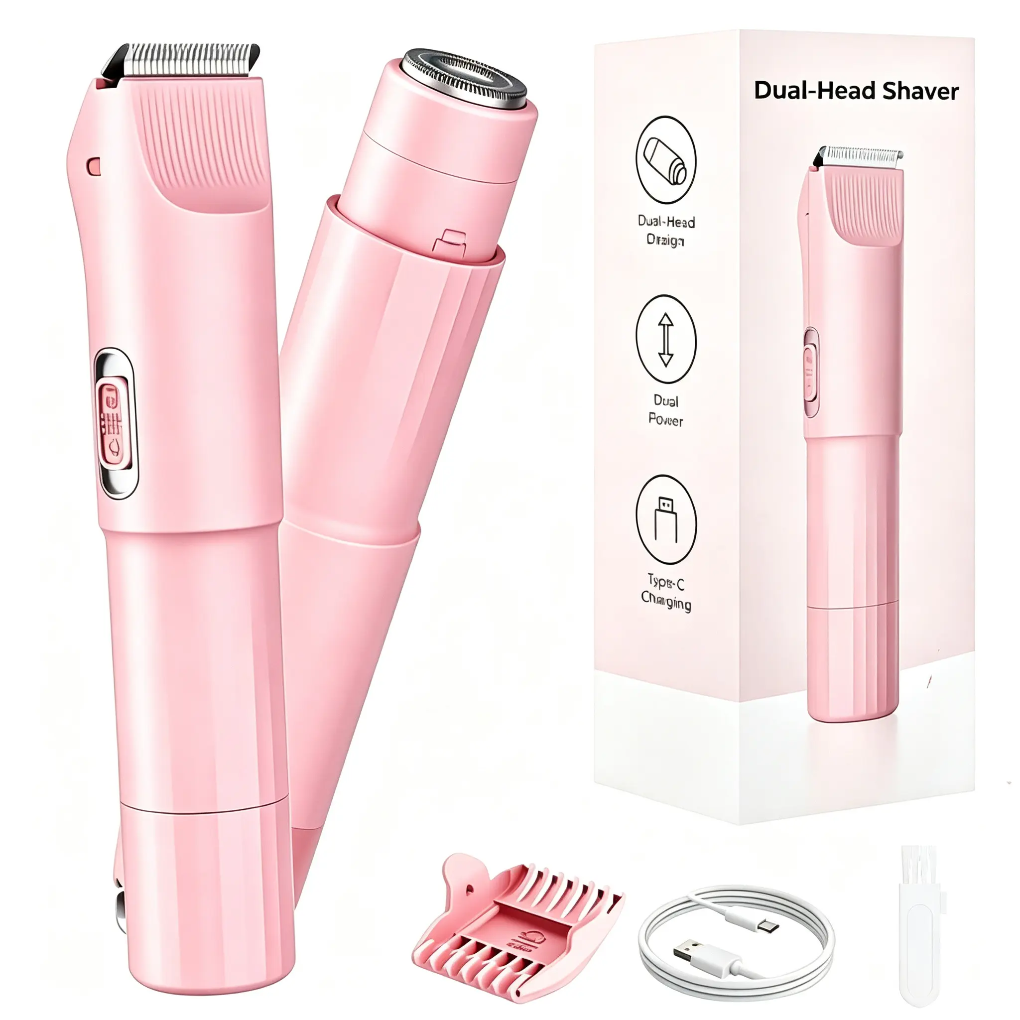 2-in-1 Electric Trimmer  , Dual-Head Shaver & Hair Remover, USB-C Rechargeable Portable Painless Hair Removal Kit for Face, Legs, Underarms, Bikini Line, Unisex, Perfect Holiday Gift