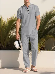 Men's Crinkle Linen Henley Shirt & Drawstring Pants Set, Stand Collar Half Button Top, Breathable Outfit for Beach Vacation Daily Casual Wear