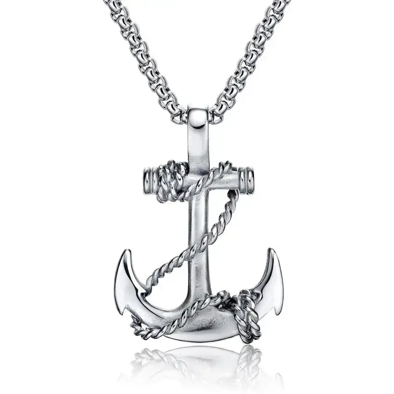 City Fashion Men's Stainless Steel Anchor Necklace - 21.6 in Vintage Navy Nautical Pirate Motif Pendant Chain, Fashion Statement Accessory for Nautical, Pirate Motif Styles, Pirate Motif Necklaces, Anchor Necklaces.   captain steel necklace