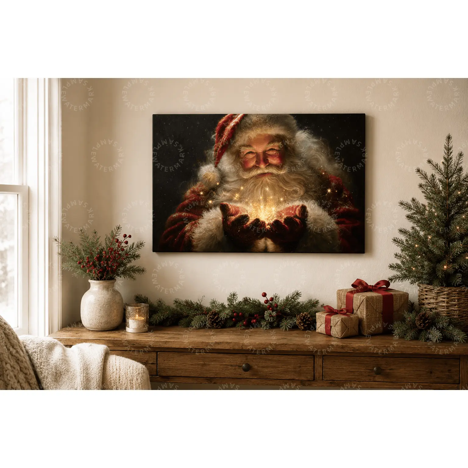 Vintage Glowing Santa Claus Canvas Poster Dark Background Christmas Wall Art, Aesthetic Living Room Bedroom Farmhouse Holiday Decor, Warm Magical Winter Xmas Wall Hanging Christmas Gift