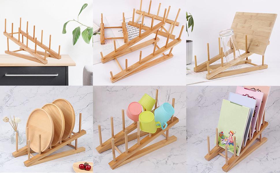 SICANDAENHK Tired of messy piled tableware?These 2 pieces bamboo dish rack set is your perfect solution!Multi-functional stand organizer for drying plates, bowls, cups, pot lids and cutting boards, space-saving slim design fits cabinets