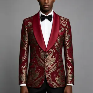 Elegant Red Jacquard Men's Blazer, Formal One-Button Slim-Fit Suit with Back Vent & Shawl Lapel, Perfect for Groom Weddings, Proms, Birthday Parties and Business Banquets