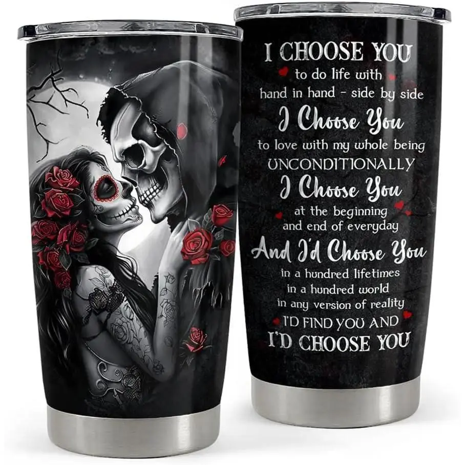 20oz Stainless Steel Vacuum Insulated Flask - Gothic Romantic Skull Kiss Design, Portable with Lid, Couples Anniversary Valentine's Day Gift with "I Choose You" Poem for Wife/Husband Soulmate, Flasks
