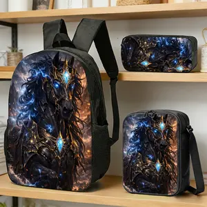 For Fantasy-Themed Backpack Set Featuring Armored Black Horses, Lightning Effects. Ideal for Fantasy Enthusiasts, Students. Suitable for Daily Use, Travel, Events