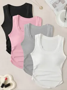 4-Piece Women's Square Neck Ruched Hem Fashionable Simple Casual Braless Tank Top Set, Sleeveless Summer Inner and Outer Wear