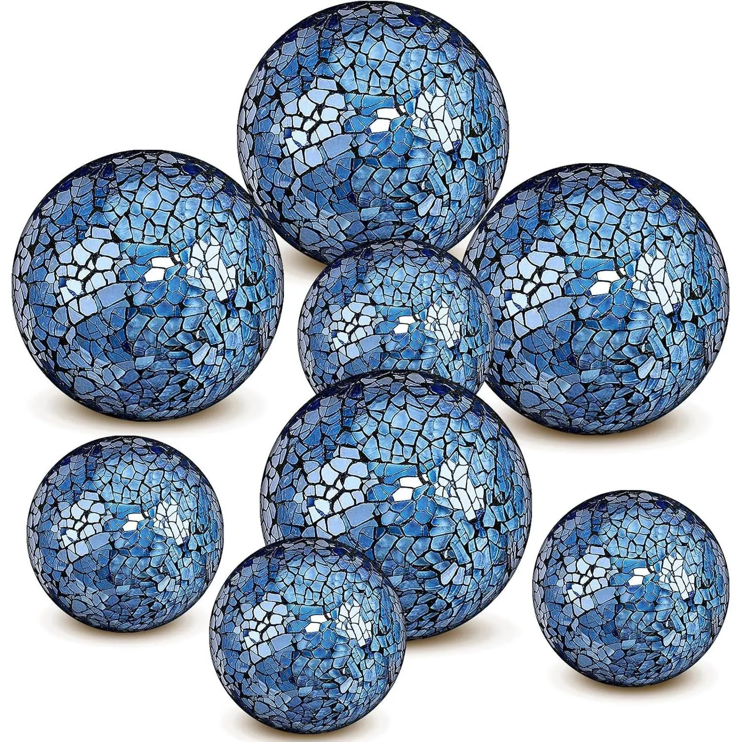 8-Piece Blue Glass Mosaic Sphere Decorative Orbs (3in, 4in) - Centerpiece Table Decor Bowls Vase Fillers for Wedding Party, Coffee Table Home Decor, Wedding Party Table