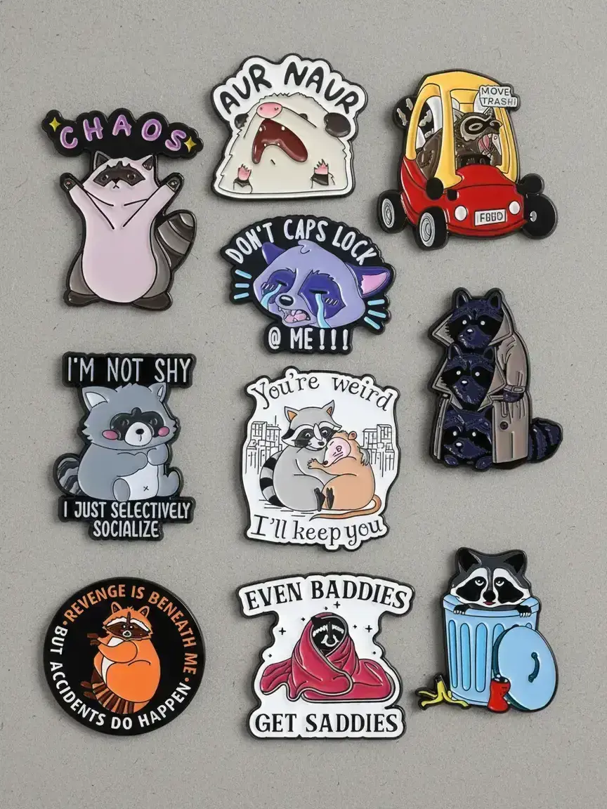 Cute Raccoon Badge Set, 10 Unique Animal Pins for Backpacks & Clothing, Unisex Gift Jewelry, Expressive Mood Accessories, Round, Charms, Drop Set Pins, Brooch Pins, Lapel Pins, Alloy Brooch Pin