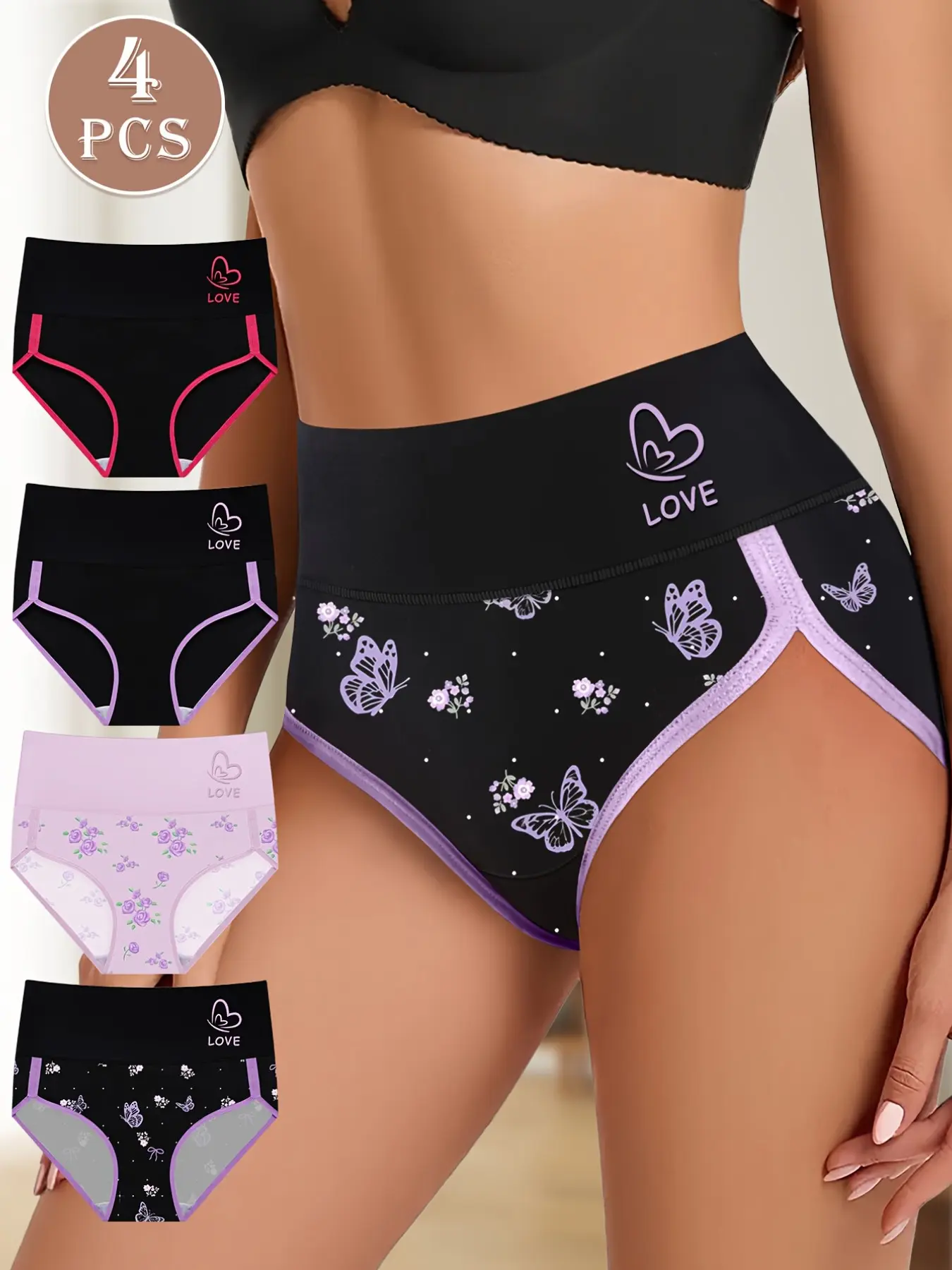 4-Pack Heart Graphics Panties, Super Stretchy Tagless Briefs, Loose-Fitting Underwear for Thick Women, All-Day Comfort, Casual Style, Casual Comfy Panty