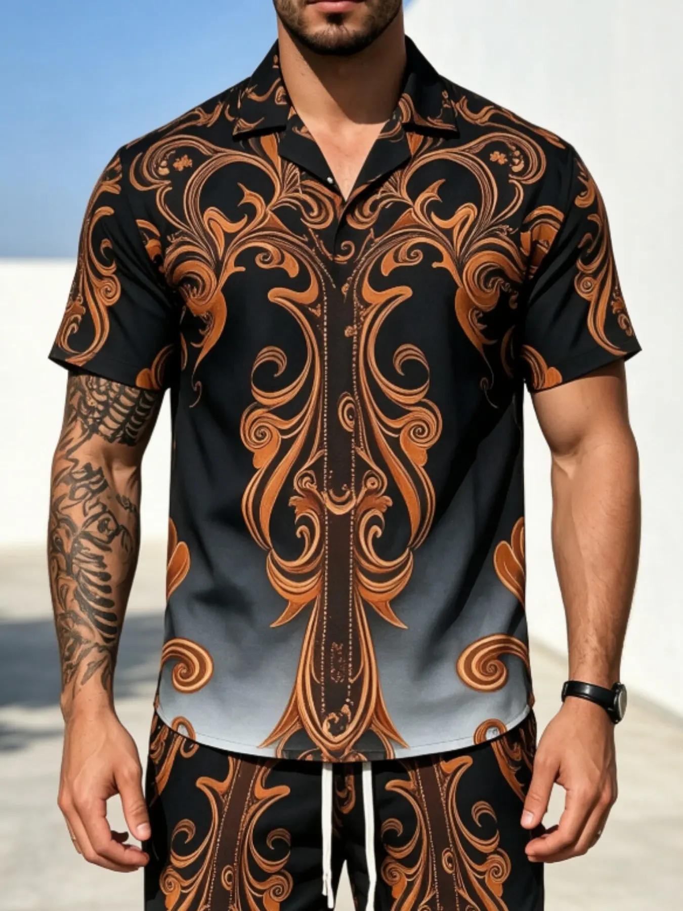 Men's Sublimation 2-Piece Beach Outfit, Baroque Scroll Floral Print Lapel Button Down Short Sleeve Shirt & Elastic Drawstring Shorts, Luxury Casual Summer Matching Set, Ideal For Daily, High-End Resort & Party Wear