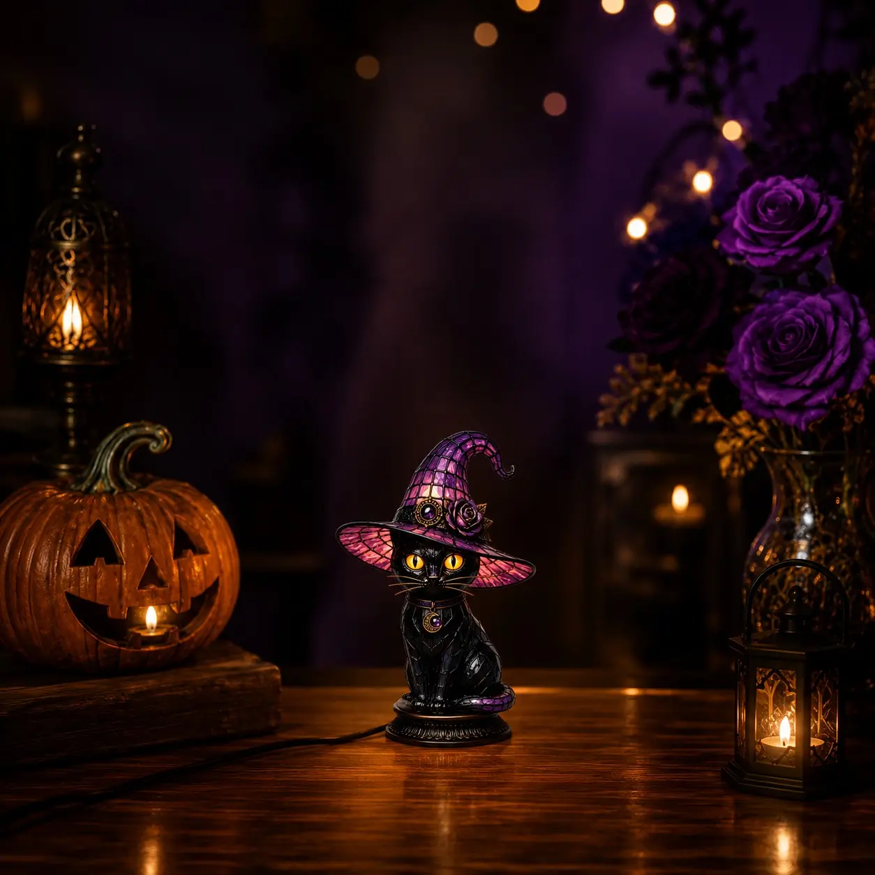 1pc 6.69' Faux Stained Glass Cat Lamp Premium Witch Hat Figurine Mosaic Animal Statue Compact Tabletop Accent Gothic Halloween Home Room Decor Night Light
