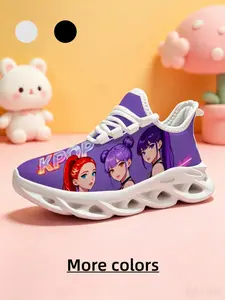 1 Pair Solid Taro Purple Base All-over Print Three Styles Cool Girls With High Ponytails & Buns Kids Running Shoes With White Hollow Wave Thick Sole, Bold Anime Girly Casual Sports Style, White Trim Elastic Lace-up Soft Elastic Non-slip Outsole, Versatile