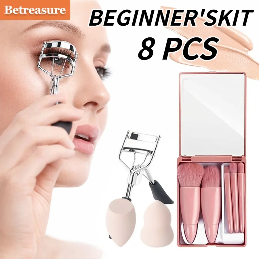 Betreasure 8 Piece Professional Makeup Brush Set, Includes Mirror Box and Eyelash Curler, Soft Brush Hairs, Suitable for Liquid Foundation/Contour and Eye Shadow, Beauty Tools Kit, Unisex, Travel Portable Makeup Brush Kit, Makeup Brushes Set