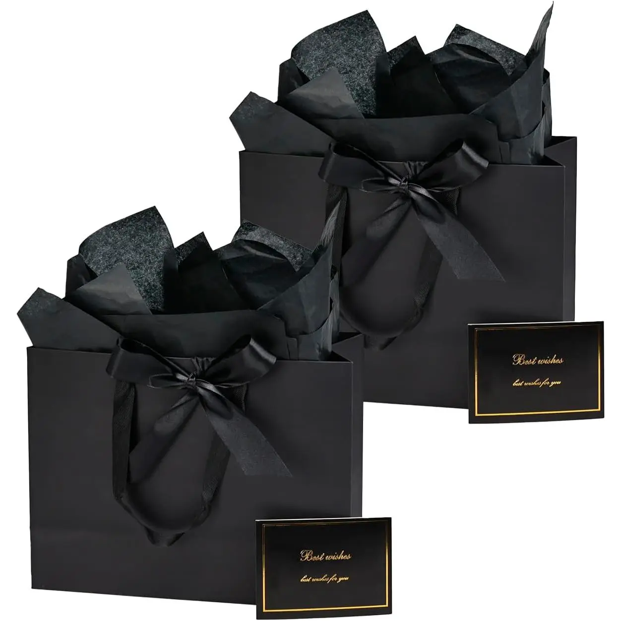 2-Pack Large Black Gift Bag Set (13x5x10 in) with Tissue Paper, Greeting Card & Ribbon - Bulk Gifting Complete Kit for Birthday, Christmas, Clothing, Shoes, Wine