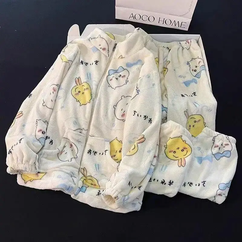 Anime Chiikawa Pajama Set for Women Autumn/winter Cartoon Couple Home Clothes Long Sleeved Long Pants Thick Sleepwear Set Gift