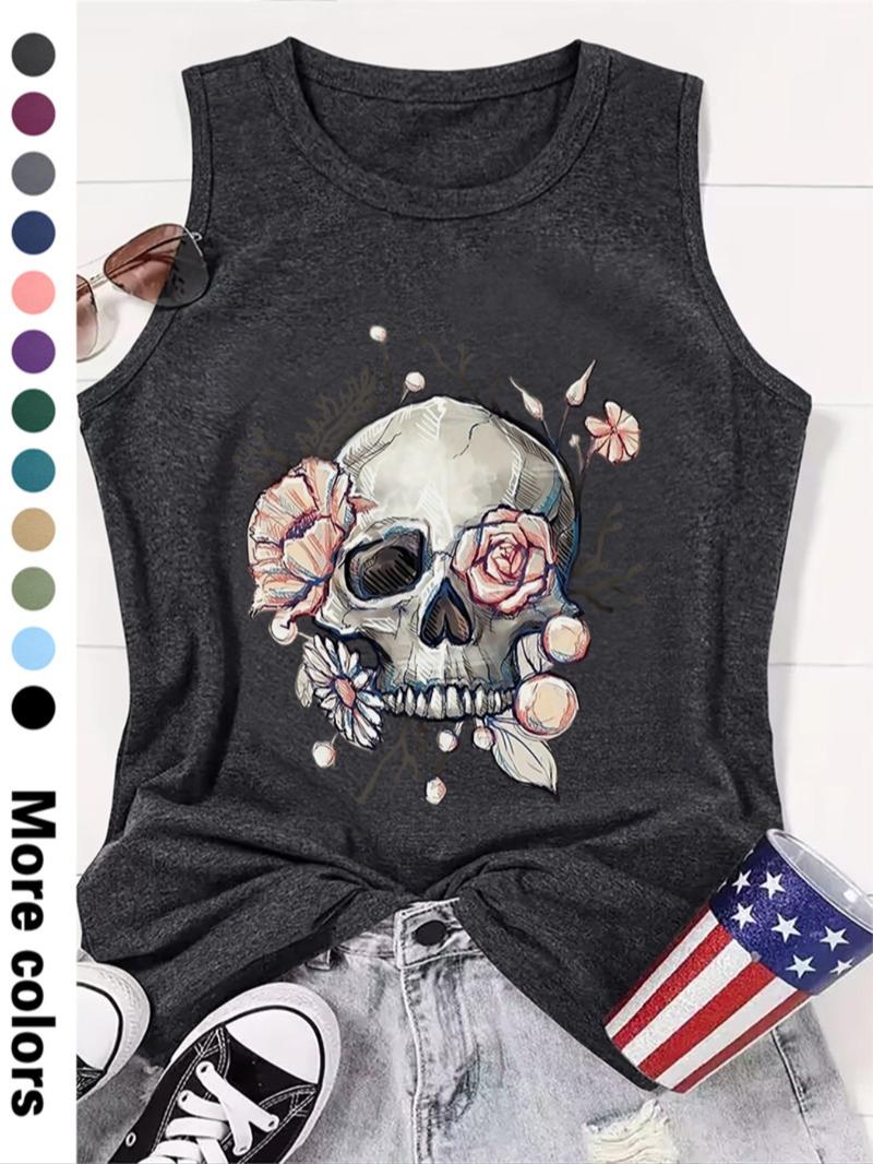 Women's Halloween Floral & Skull Print Round Neck Tank Top, Casual Sleeveless Crew Neck Top for Summer, Ladies Clothes for Daily Wear