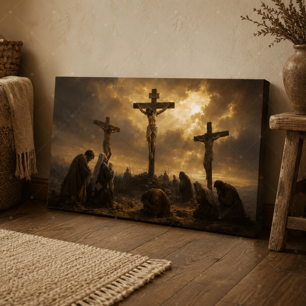 Christian 3 Crosses Crucifixion Scene Horizontal Canvas Wall Art Print - Vintage Oil-Painting Hanging Decor, Minimalist Rustic Farmhouse Kid Room Decor, Thoughtful Religious Gift for Light-Accented Prayer Spaces, Sunset, Artistic