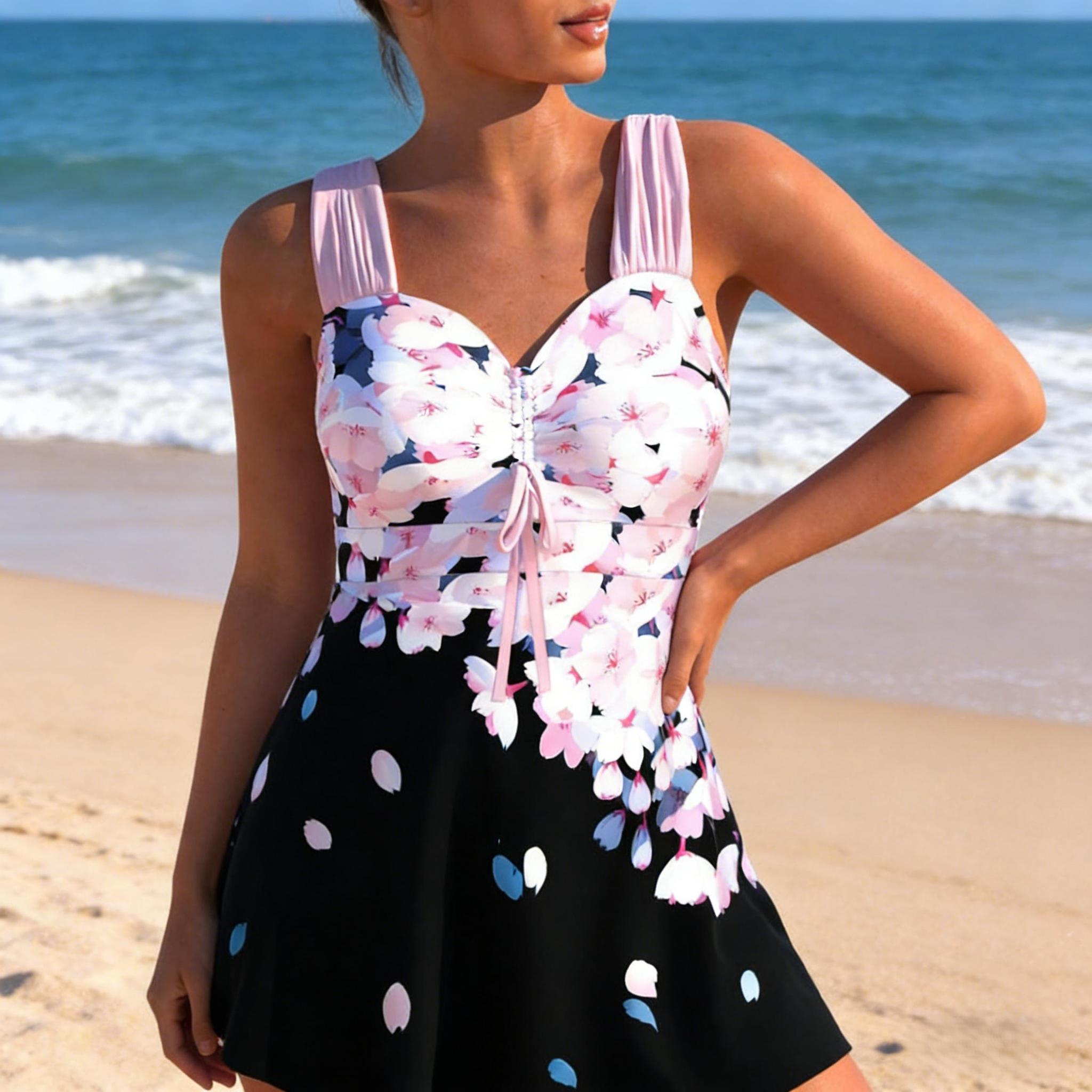 Women's Floral Print Two Piece Tankini Set, Blue Tropical Swimdress with Polka Dot Straps, Modest Tummy Control Bathing Suit with Boyshorts, Plus Size Swimwear, Flattering Beachwear for Summer Vacation & Pool Party