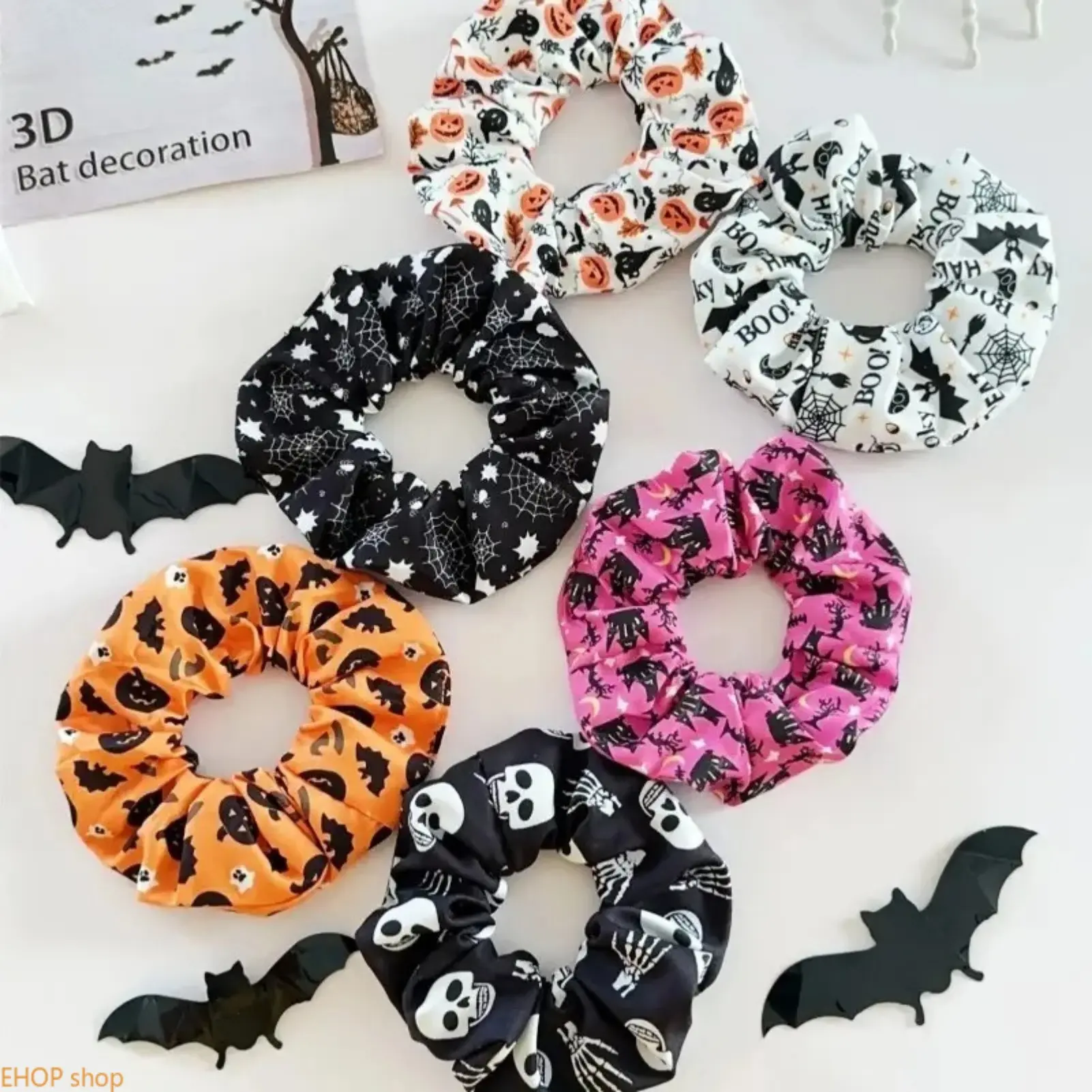 6Pcs Women Gothic Punk PVC Headbands Soft Elastic Halloween Hair Bands Pumpkin Spider Bat Ghost Castle Skeleton Print Cosplay Party One Size Accessory