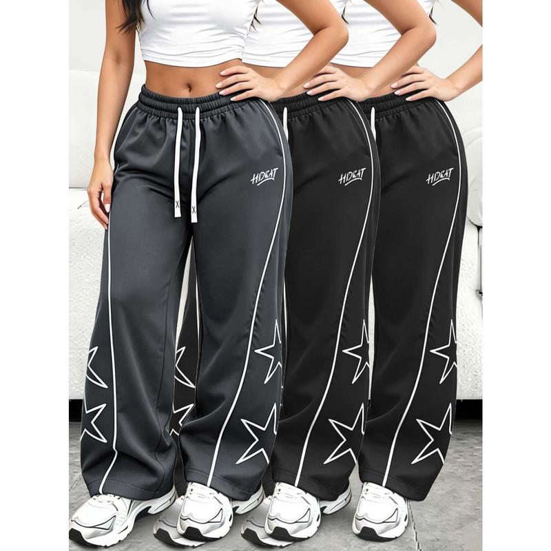 Women’s 3‑Pack Wide‑Leg Track Pants | Retro Y2K Streetwear Trousers, Smooth Drape Fabric, Star Print & Contrast Side Piping, Drawstring Elastic Waist | Perfect for Street Style, Daily Casual & Sports Outfits