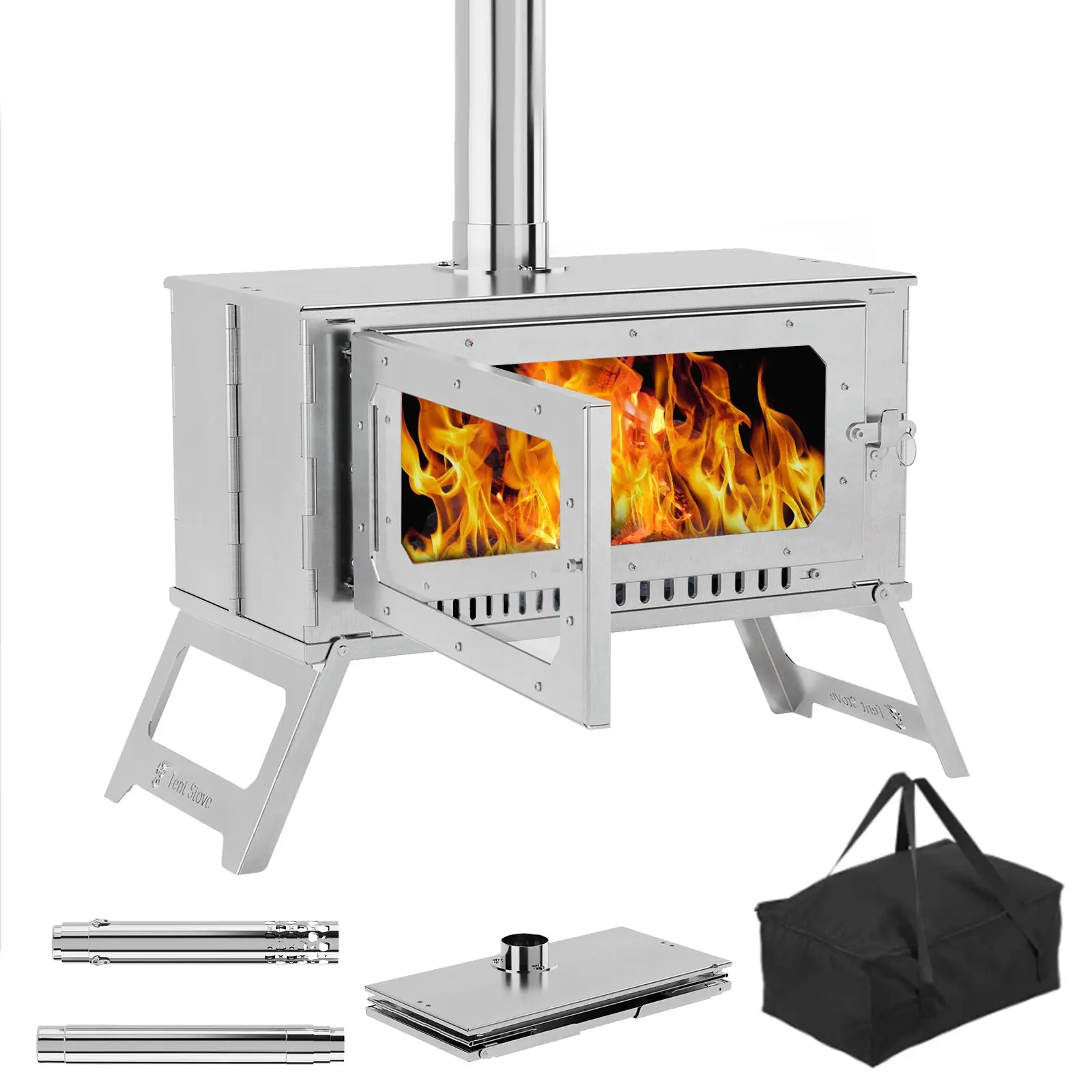 GARVEEPortable Hot Tent Stove,Wood Burning Stove for Camping, Tent Stove With View Glass, Large Stainless Steel Camping Stove With 5 Chimney Pipes for Outdoor Heating and Cooking
