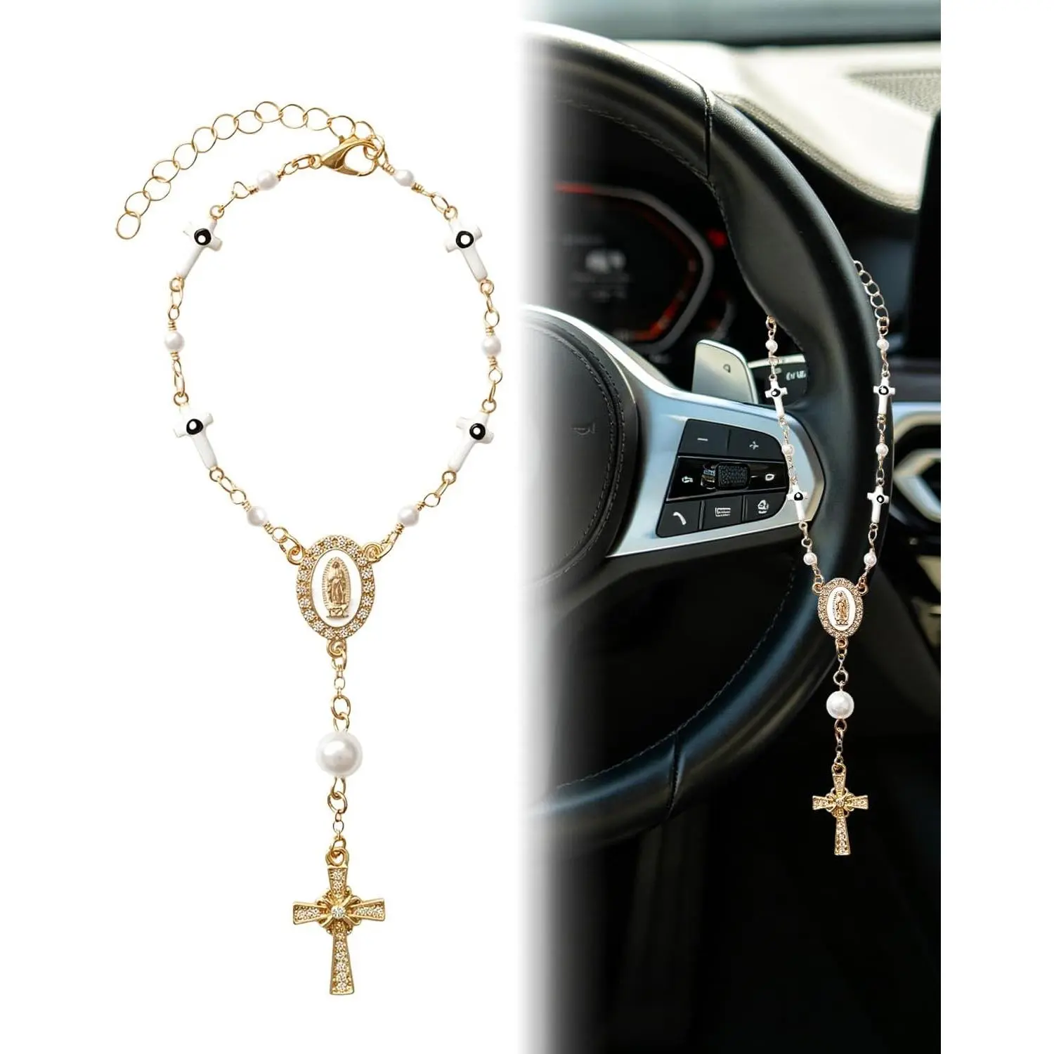 Single Count Religious Steering Wheel Rosary Charm - Synthetic Attached Decorative Car Interior Accessory