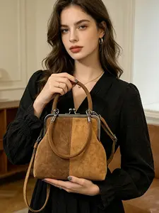 1 Piece Color Block Suede Kiss Lock Handbag, Vintage Retro Style Mini Bag with Dual Top Handles & Detachable Crossbody Strap, Elegant Shoulder Bag for Dating, Shopping & Daily Commute