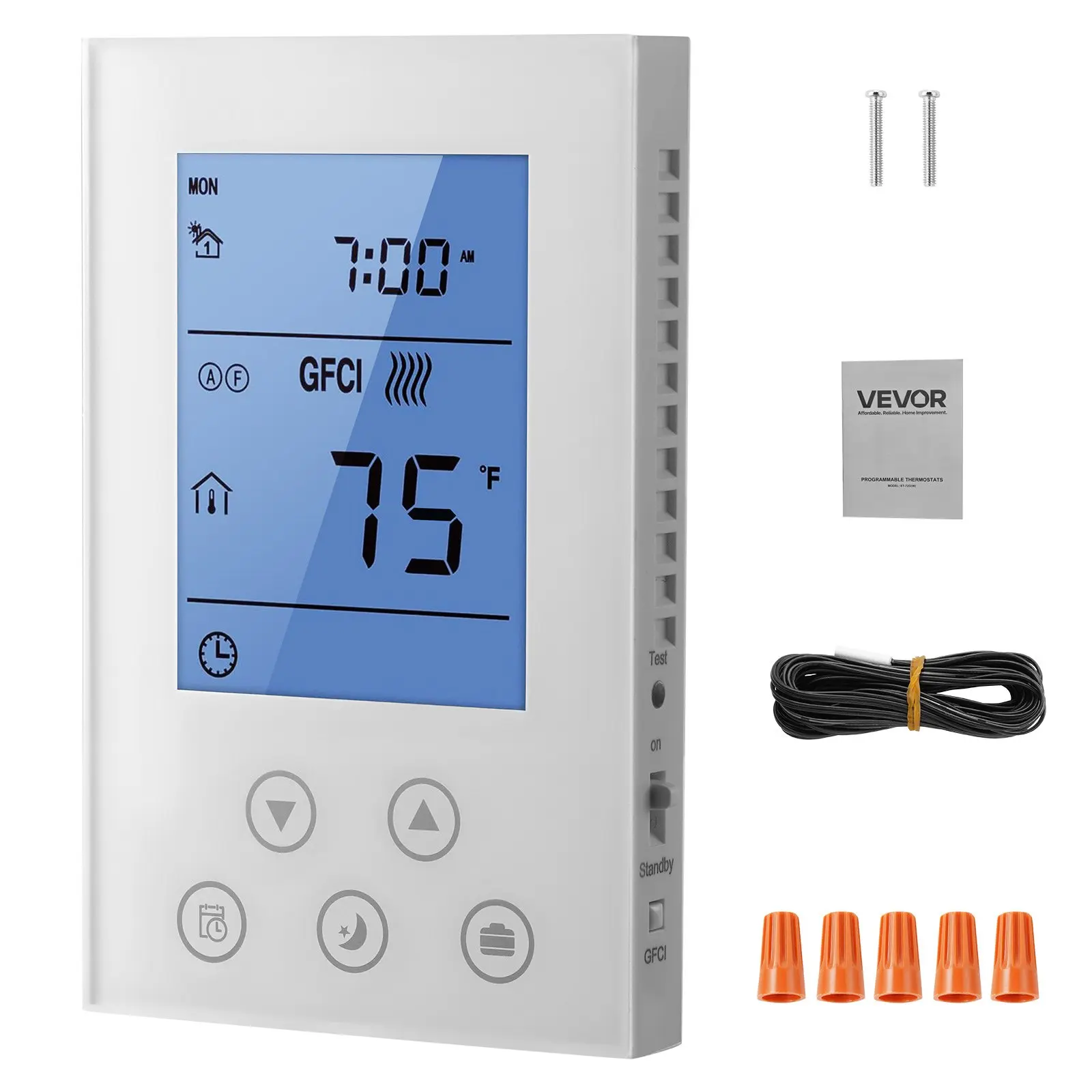 【DealsForYouDays】VEVOR 7-Day Programmable Thermostat - White, PC+ABS Flame-Ret. Thermostat for Radiant Underfloor Heating Cable, Heat Pump, GFCI Protected, Temp Sensing, Backlit LED Screen, Energy-Efficient, Backlit Screen