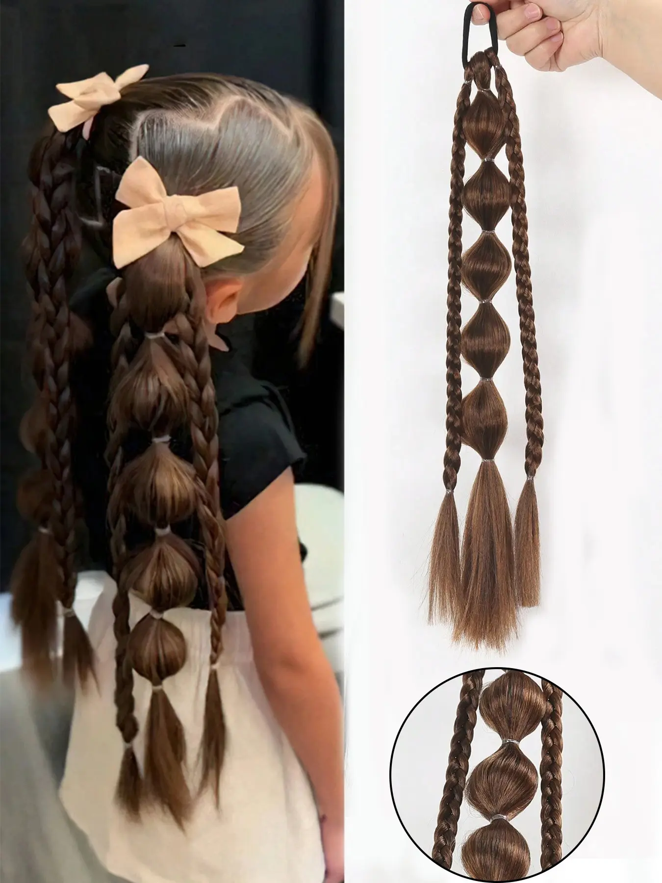 18" Lantern Bubble Braid Ponytail - Heat Resistant Synthetic Hair Extensions with Elastic Bands for Girls Kids, Christmas Party & Festival Hairstyle