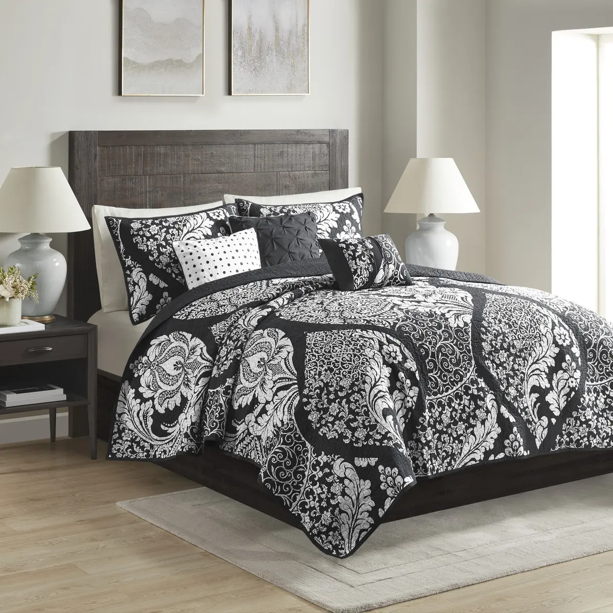 ARCH 6-Piece Printed Cotton Quilt Set with Throw Pillows, Black Full/Queen Size Bedding, Soft Lightweight Coverlet, Reversible Pattern, Machine Washable, for Bedroom Guest Room, Includes 1 Quilt, 2 Shams, 2 Decorative Pillows, 1 Cushion